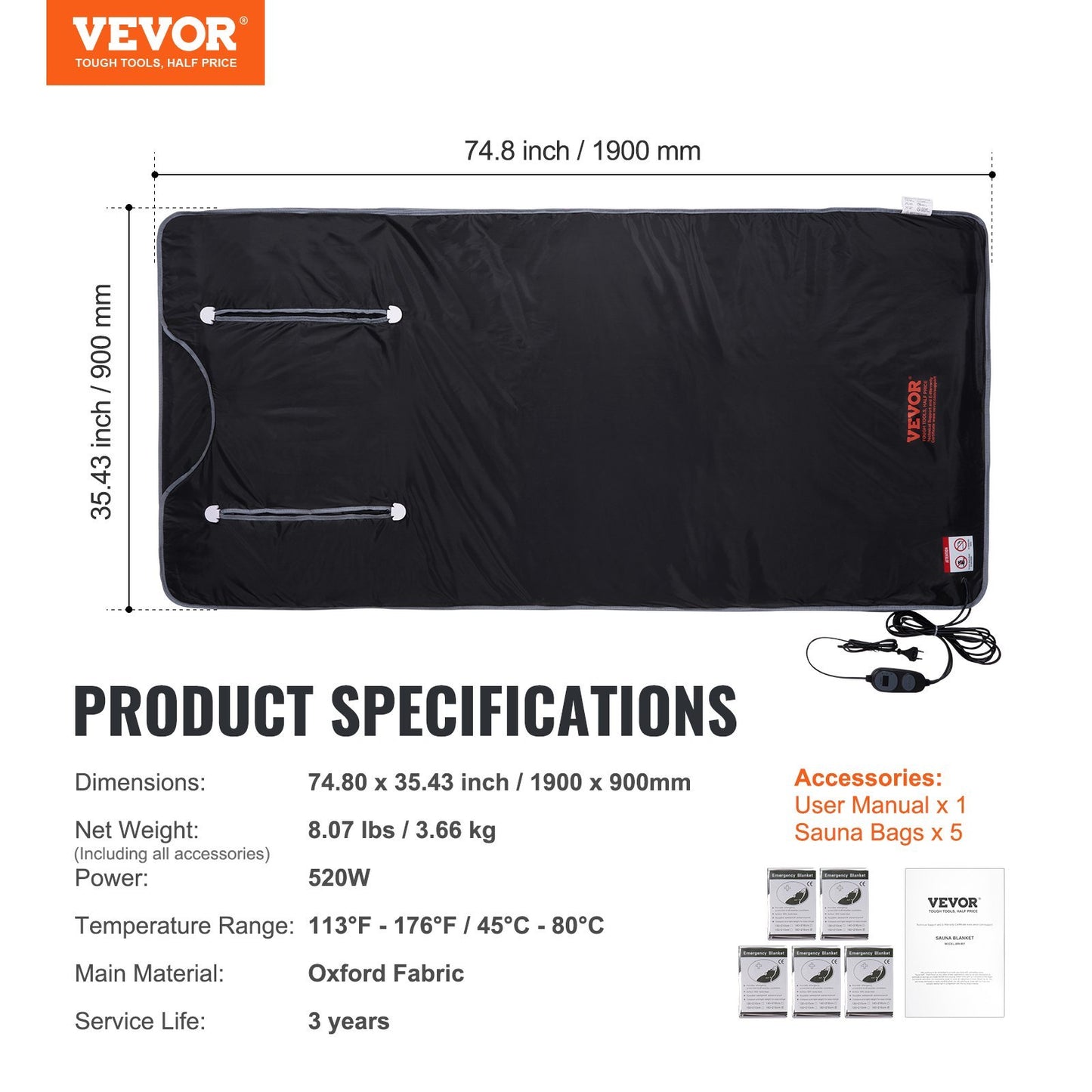 VEVOR Sauna Blanket For Detoxification, Portable Far Infrared Sauna For Home, Oxford Sauna Bag Warm Holes & Carbon Fiber Heating, 1-6 Level Adjustable Temp 95-176F, 5-60 Minutes Timer, 75 X 35 In